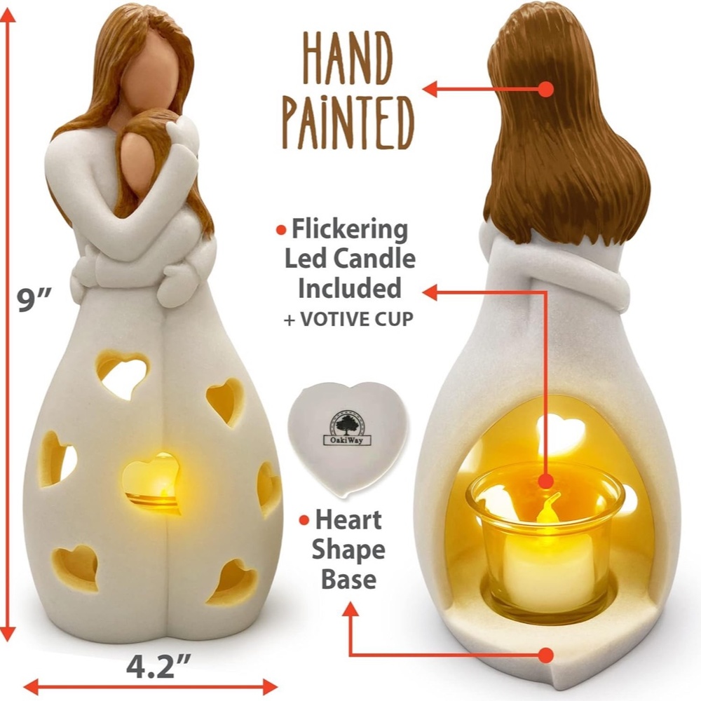Oakiway Mother & Daughter Love Figurine w Flickering  Led Candle Holder MIB